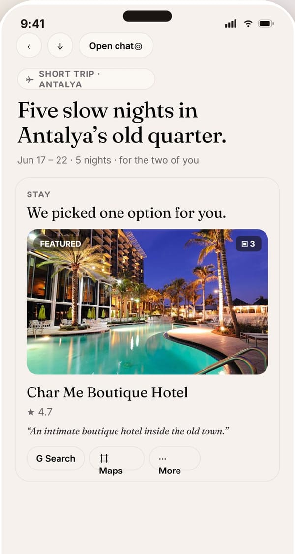 The Ideas screen: a trip planned for two